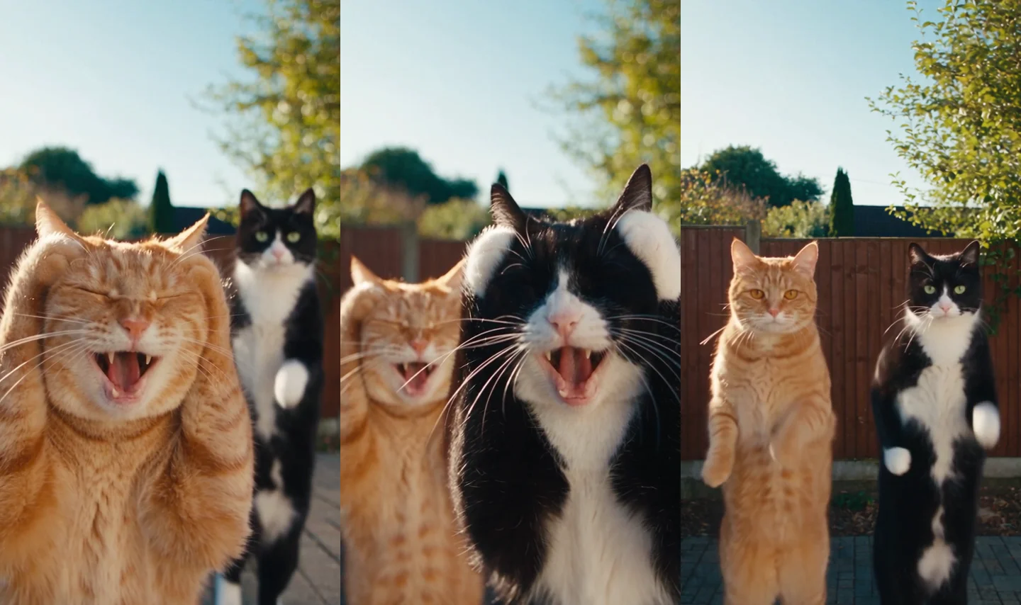 A ginger cat reacts in front, a tuxedo cat takes the close-up, and both cats appear together in three successive garden frames.