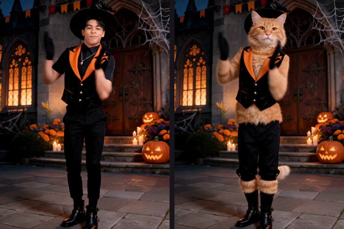 A man and a ginger cat in matching orange-lapel Halloween costumes with pumpkins and cobwebs