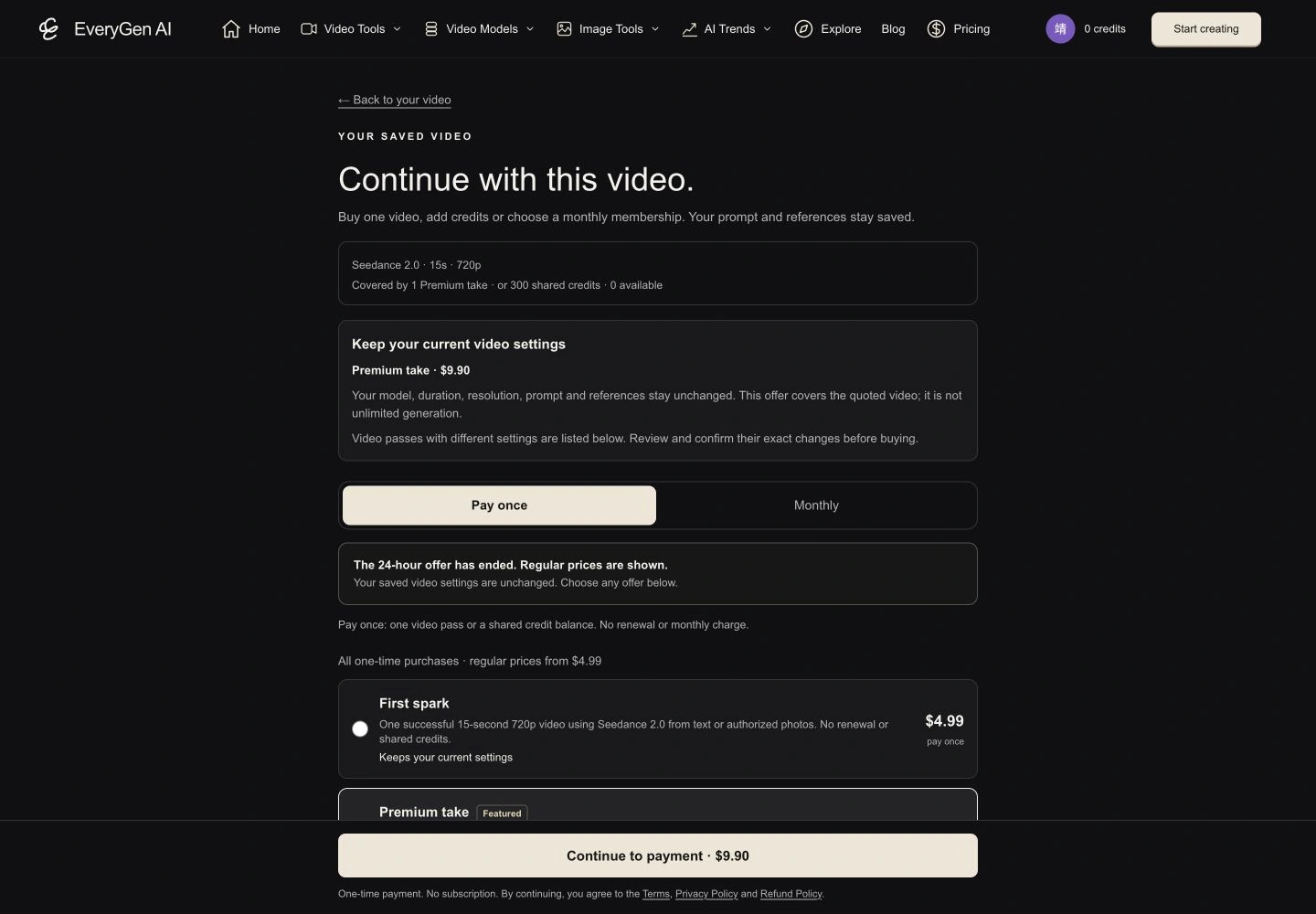 Saved-video purchase chooser showing Seedance 2.0 at 15 seconds and 720p, the Premium take or 300-credit estimate and Keep current settings.