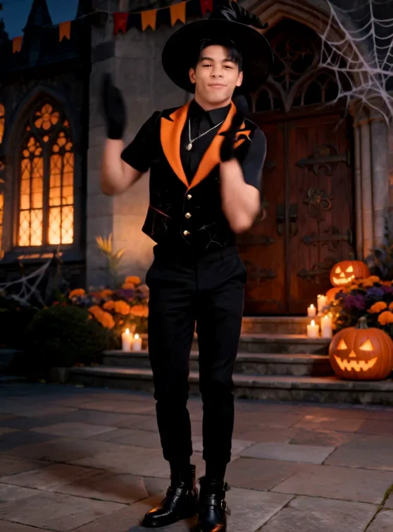A fictional adult Asian man dancing in a black hat and orange-lapel costume outside a pumpkin-lit Gothic doorway