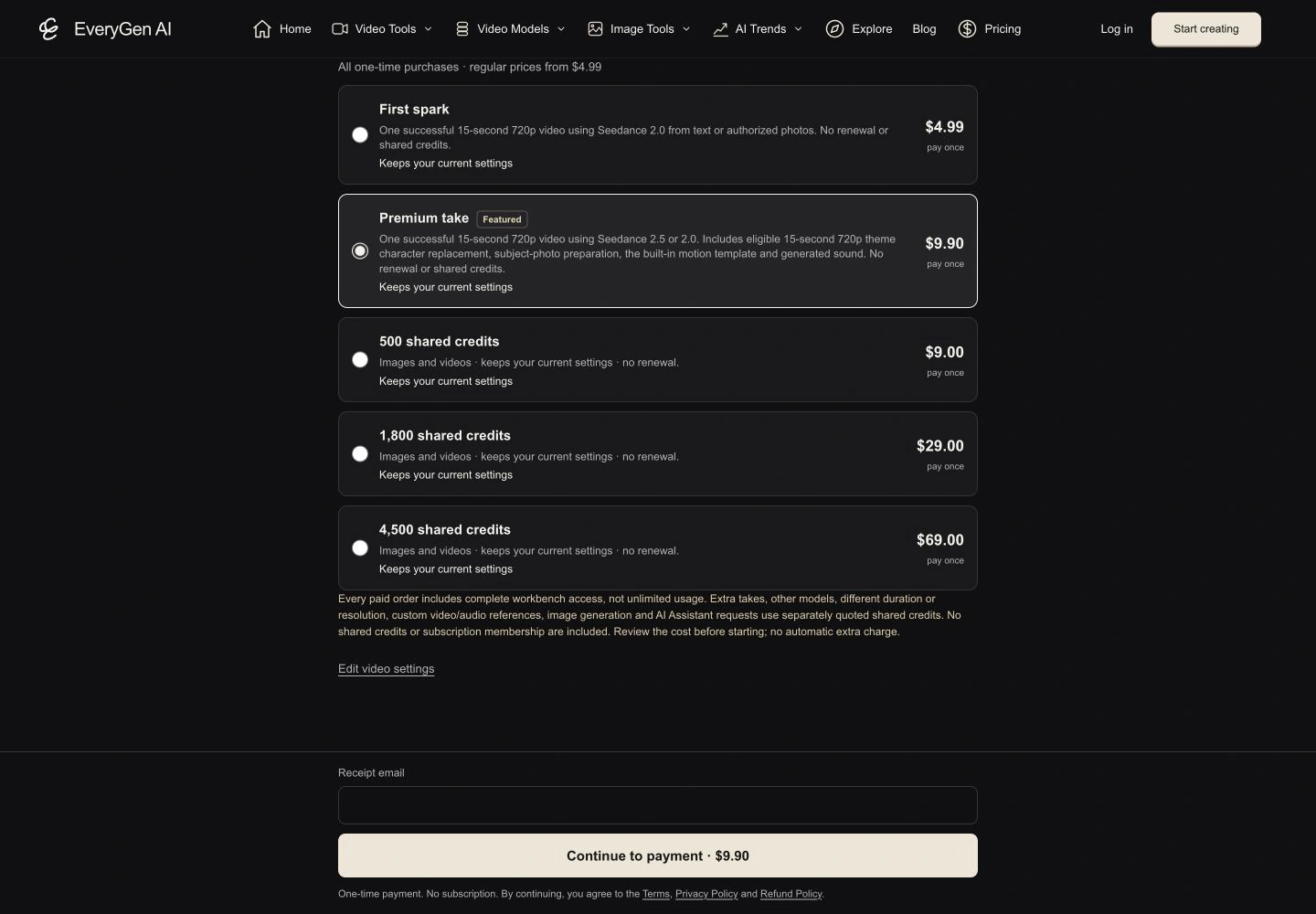 EveryGen AI purchase chooser listing First spark, Premium take and the 500, 1800 and 4500 credit packs, with Premium take selected.
