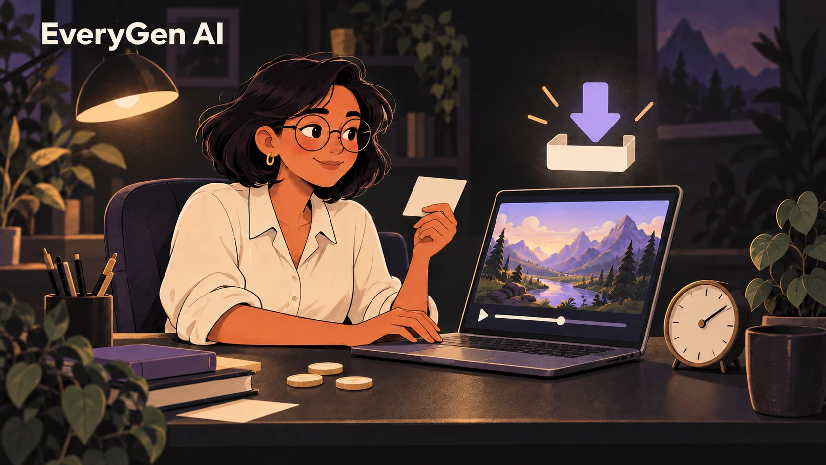 EveryGen AI creator reviewing a finished scene beside credit tokens, a clock and a download symbol.