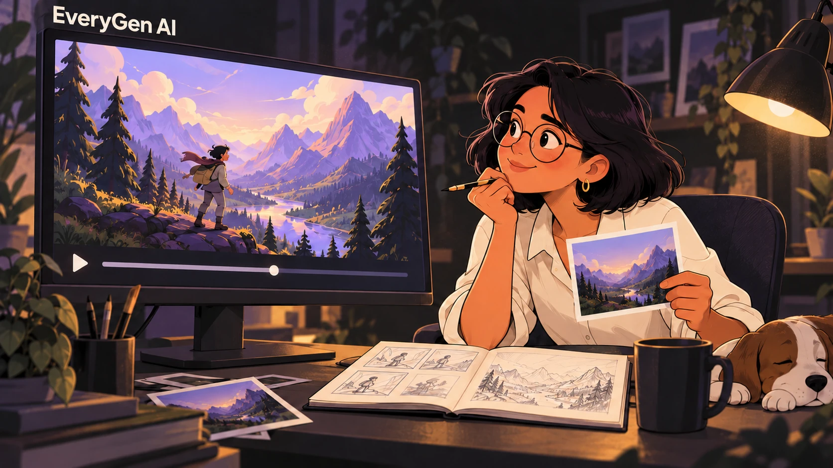 EveryGen AI cartoon creator using a mountain reference photograph to plan motion on a studio monitor.
