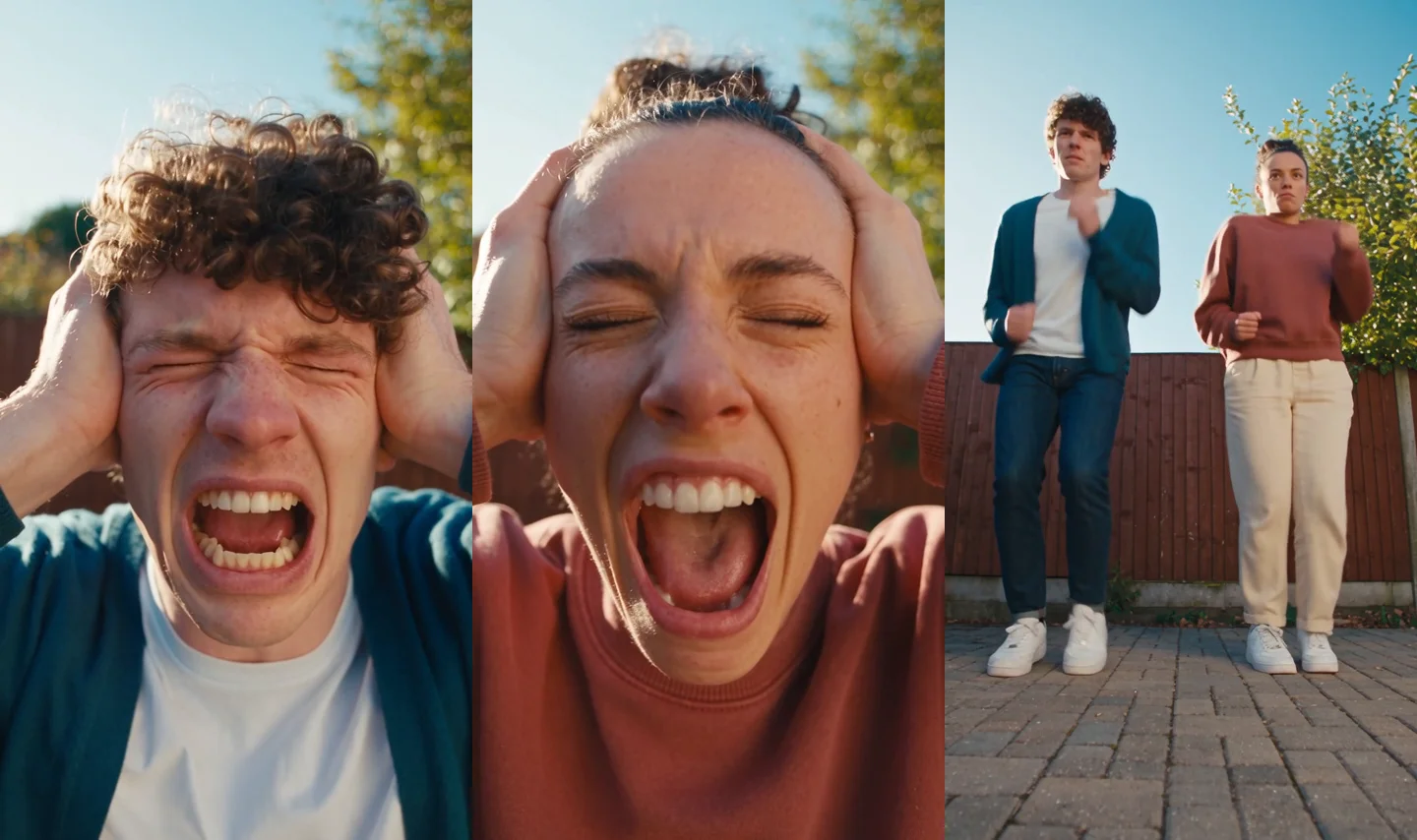 A fictional man in a teal overshirt reacts, a fictional woman in a rust sweatshirt reacts, and both dance together in the same garden.