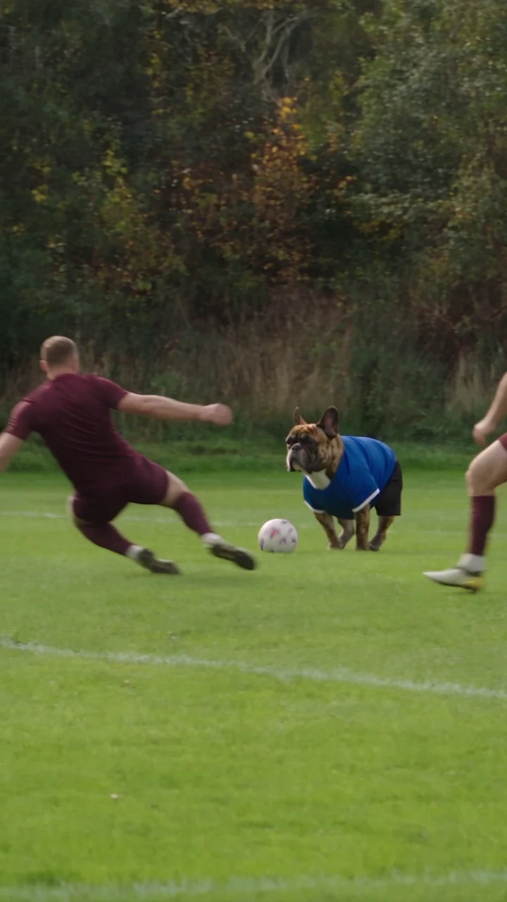 Blue-shirted bulldog controlling a football while human defenders challenge on a green pitch.