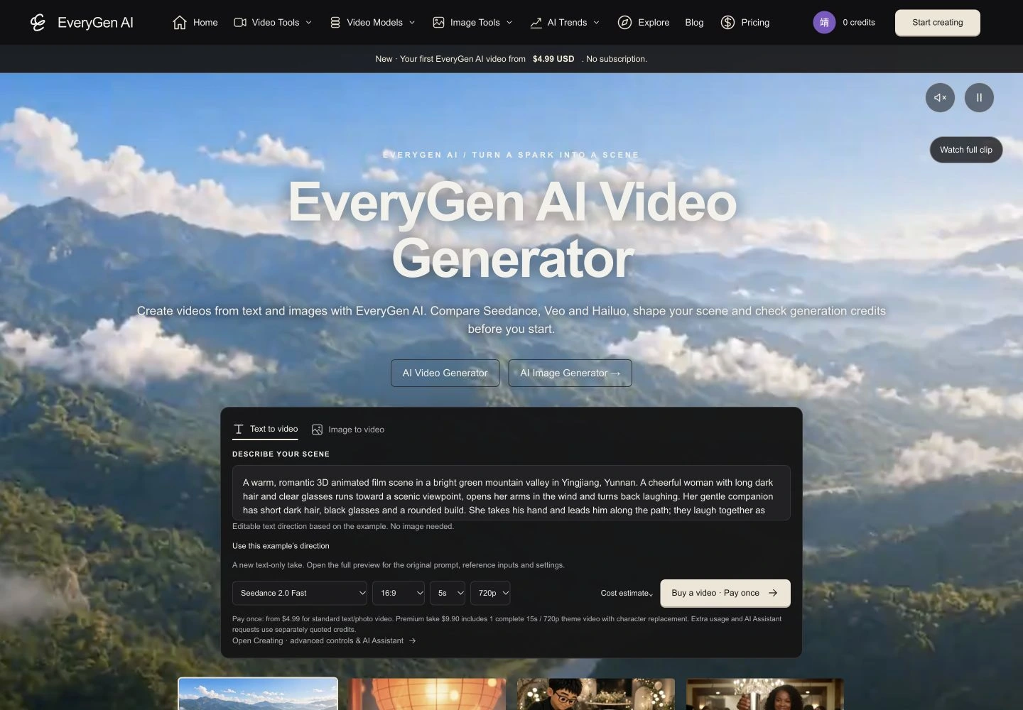 EveryGen AI homepage with Text to video selected, an editable video prompt, model settings and the Buy a video Pay once button.