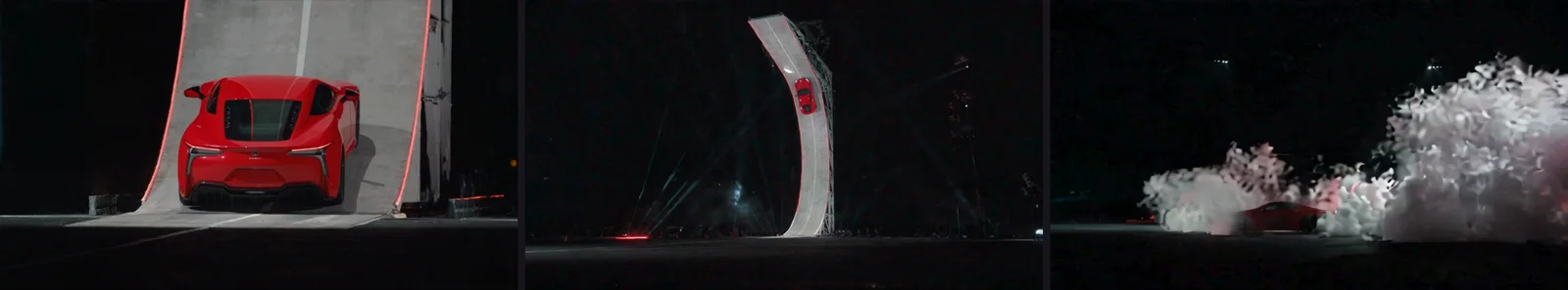 Three frames showing the red sports car approaching the ramp, rising above it and returning toward the arena floor