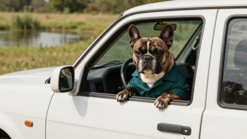 Original fictional bulldog reference in a teal shirt, seated in a white pickup beside a pond.