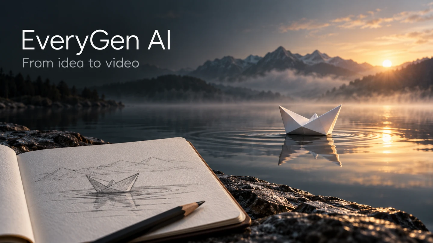 EveryGen AI guide cover showing a notebook sketch and a white paper boat floating on a misty lake at dawn.