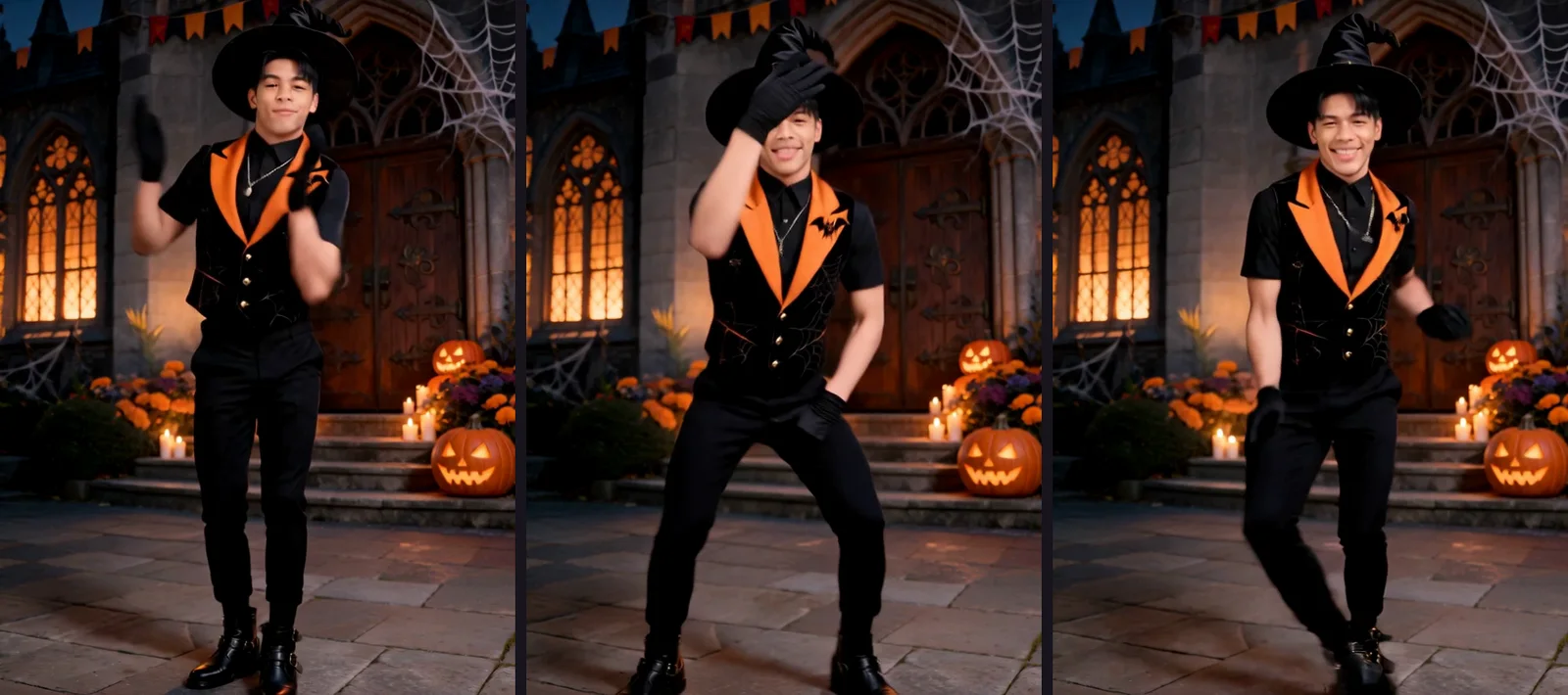 Three frames of the fictional adult dancer performing arm sweeps, a hat-brim gesture and crossing footwork outside the pumpkin-lit entrance