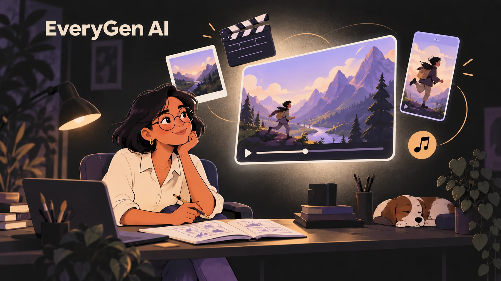EveryGen AI illustration of a creator planning landscape and vertical video scenes from a reference photo.
