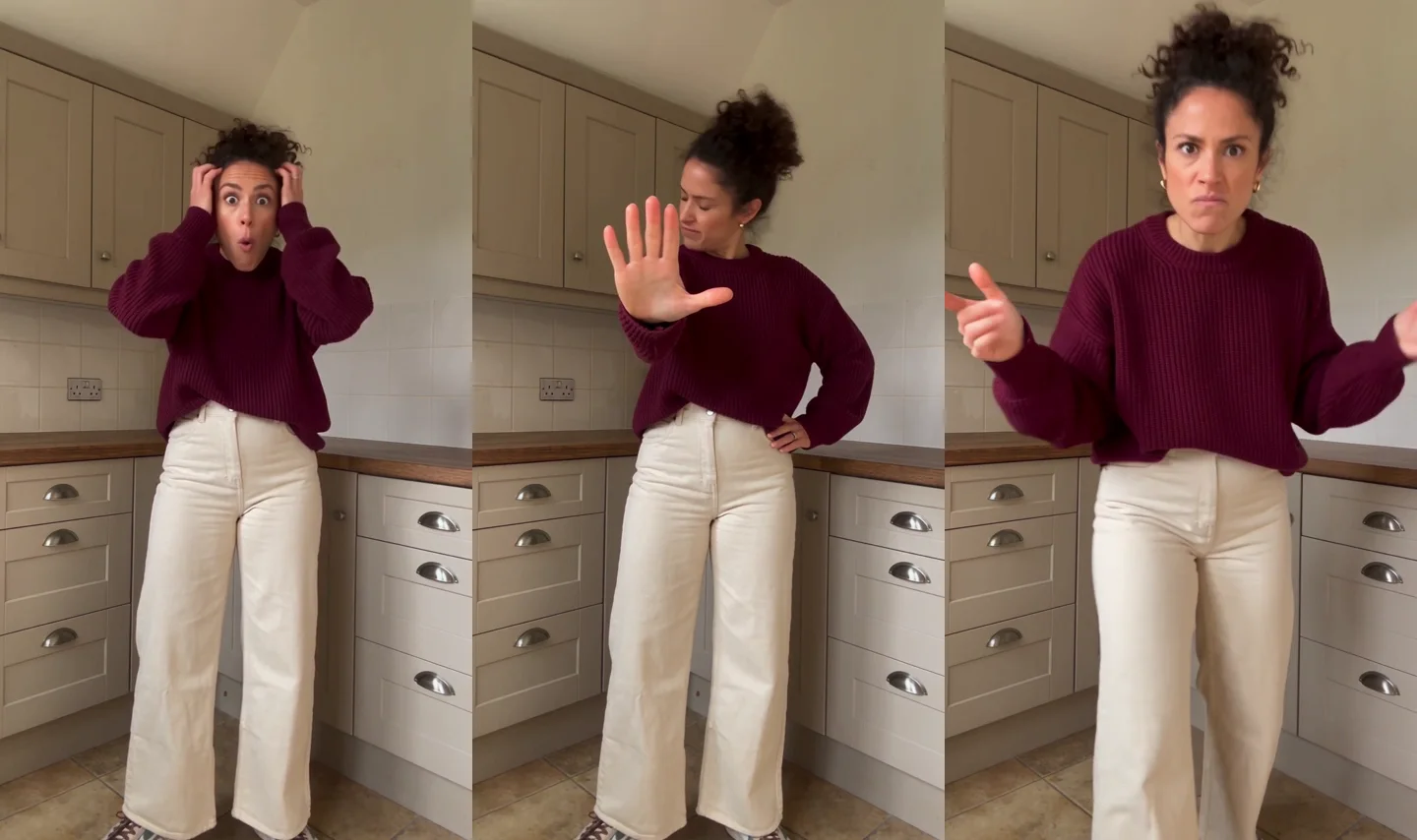 The same fictional woman in a burgundy sweater makes three expressive gestures in a bright kitchen, from head grab to raised palm and forward reaction.