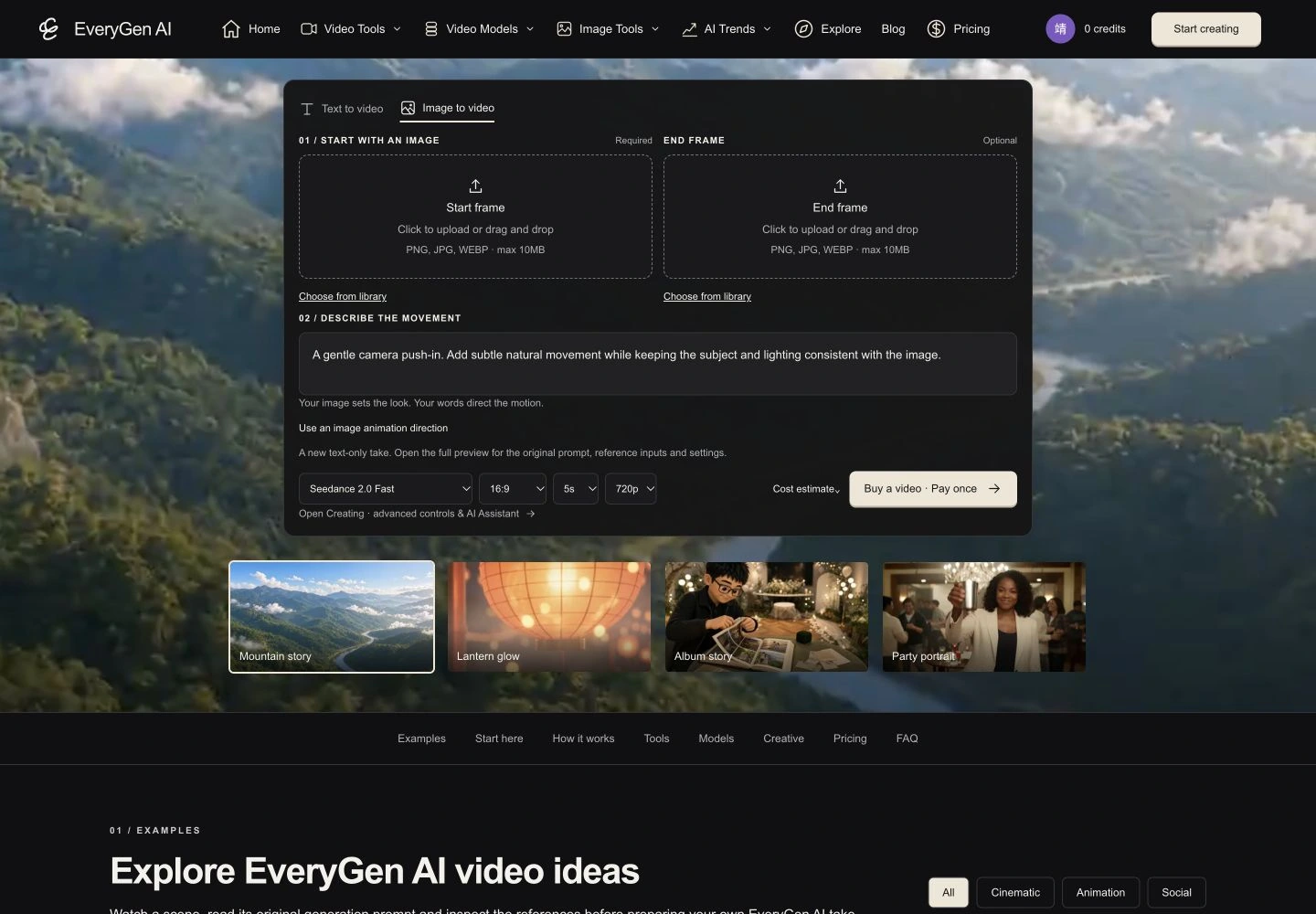 EveryGen AI Image to video form showing required Start frame and optional End frame upload areas alongside motion and model controls.