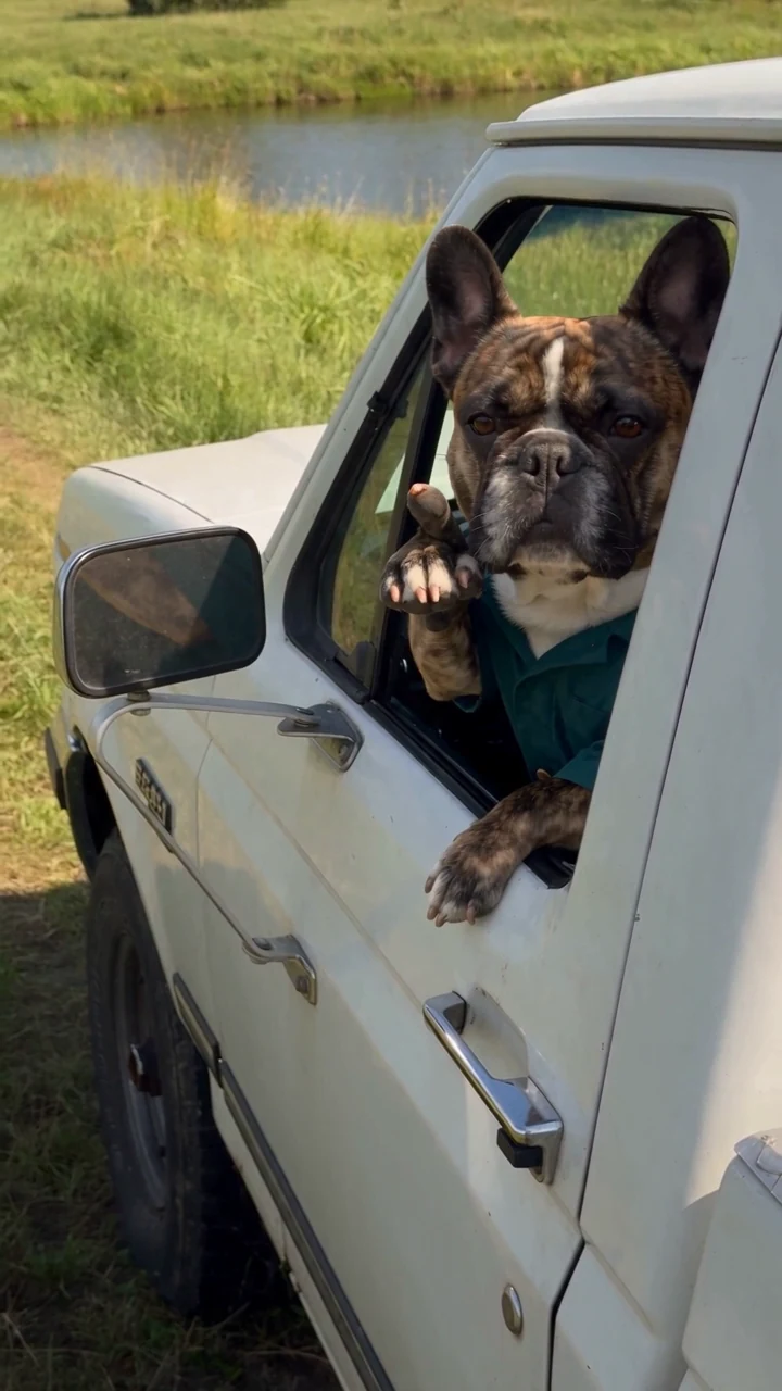 Dog driver raising a paw at the open pickup window beside a grassy pond.