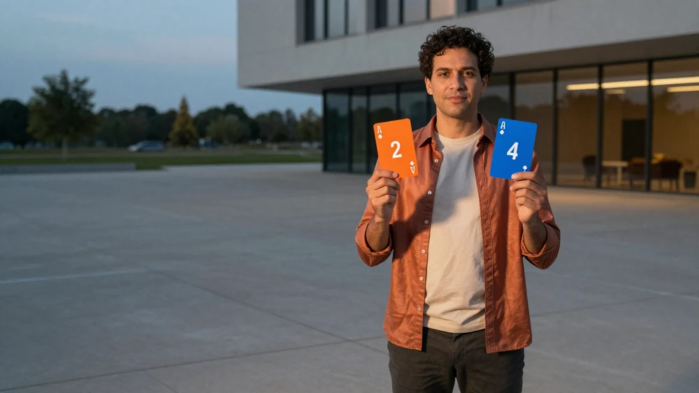 Original fictional adult appearance reference holding an orange 2 card on the left and a blue 4 card on the right.
