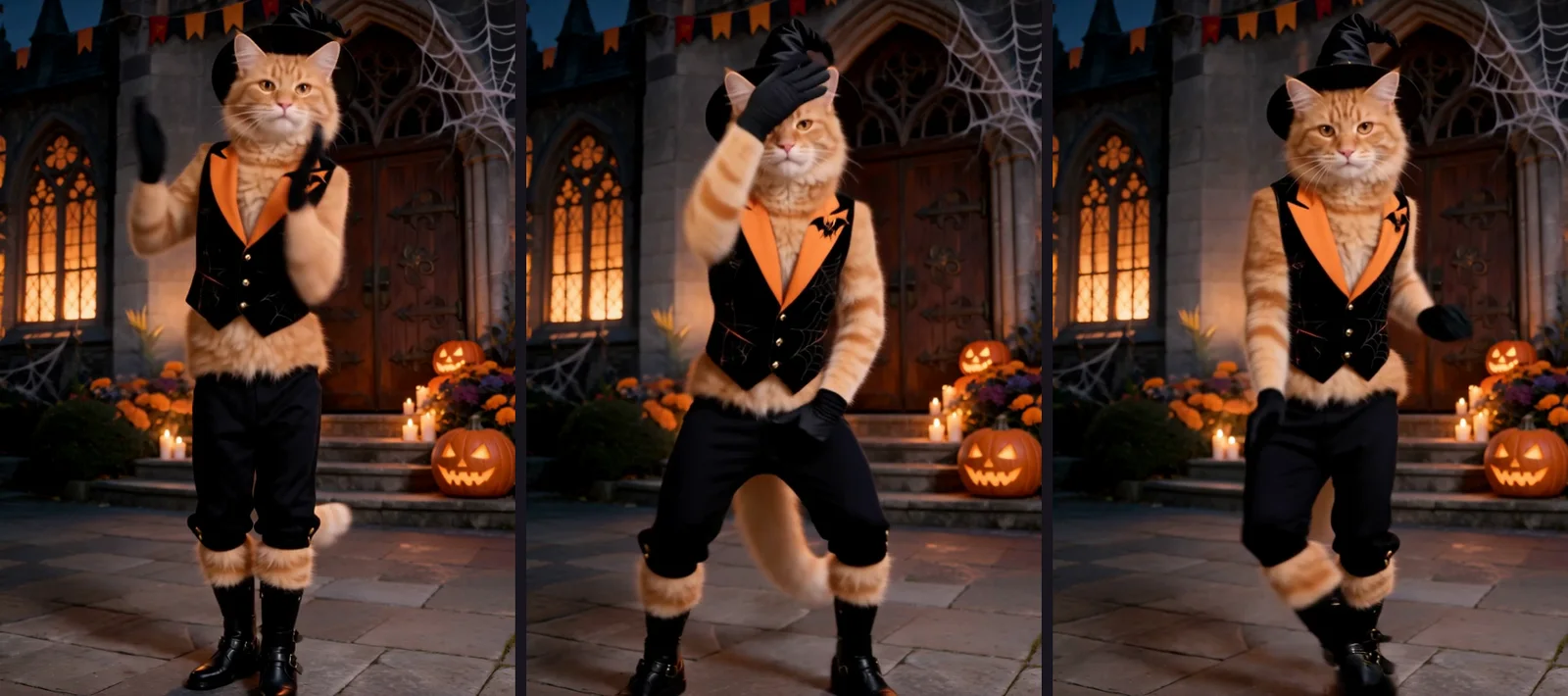 Three frames of an upright ginger cat dancer with a pointed black hat, orange lapels, raised paws and black boots