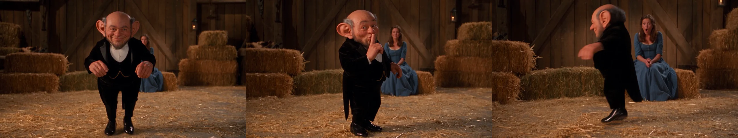 Three actual frames of the same tuxedo-clad fantasy dancer in the barn during the tiptoe, shh and shuffle sequence.
