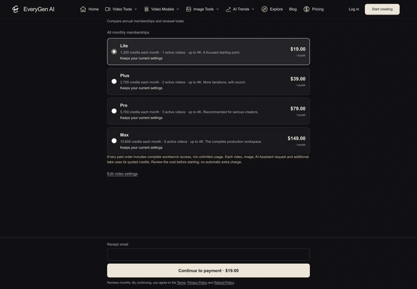 EveryGen AI Monthly purchase tab listing Lite, Plus, Pro and Max, with a blank guest receipt-email field and Continue to payment button.