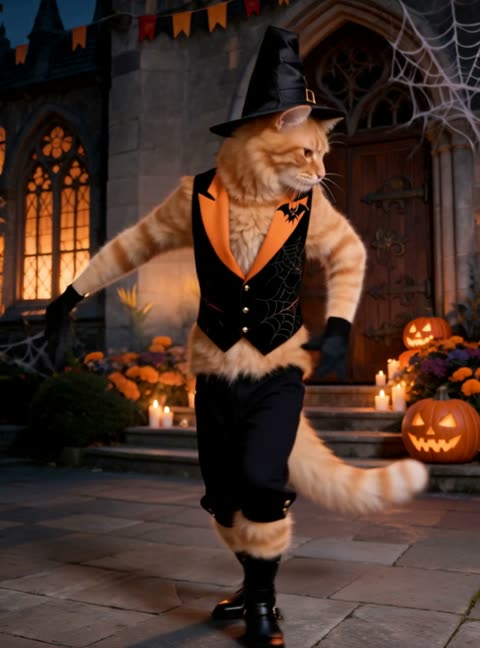 An adult man and an upright ginger cat in matching Halloween costumes