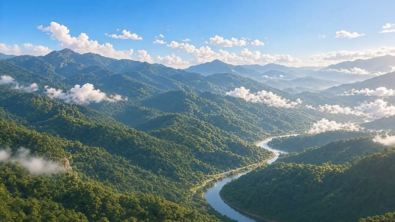 A river winding between green mountains beneath a blue sky