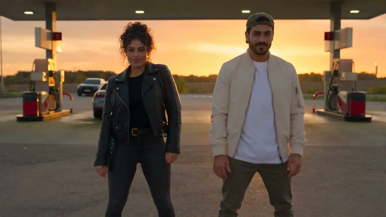 Two fictional adult dancers beneath a gas-station canopy at sunset, with fuel pumps and a parked car behind them