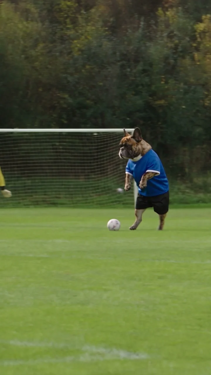 Original brindle bulldog in a plain blue jersey with a round soccer ball and a yellow goalkeeper