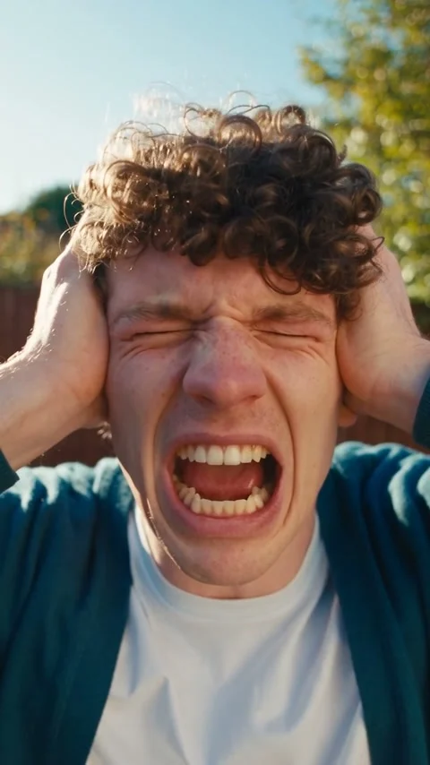A fictional adult man in a blue shirt with an adult woman behind him in a sunny fenced garden