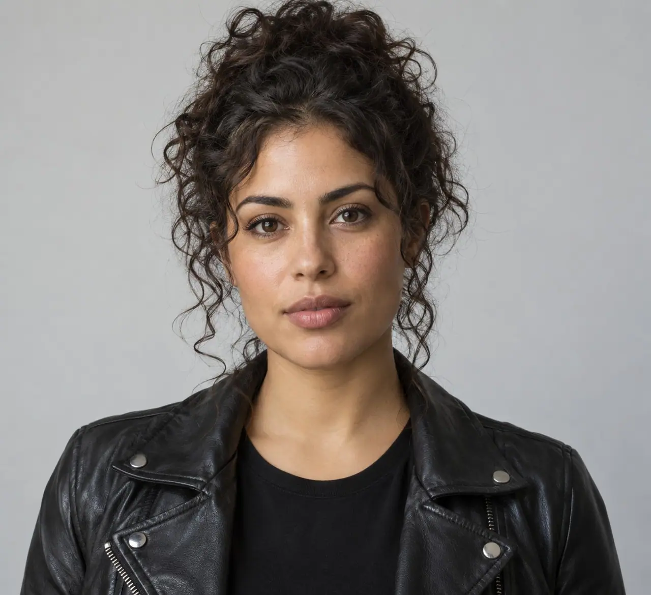 Woman in a black jacket, original fictional adult left reference for the two-photo duet