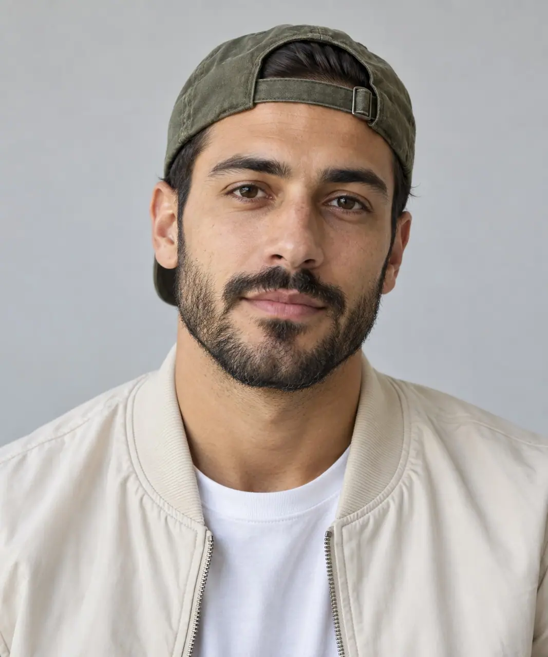 Man in a green cap and cream jacket, original fictional adult right reference for the two-photo duet